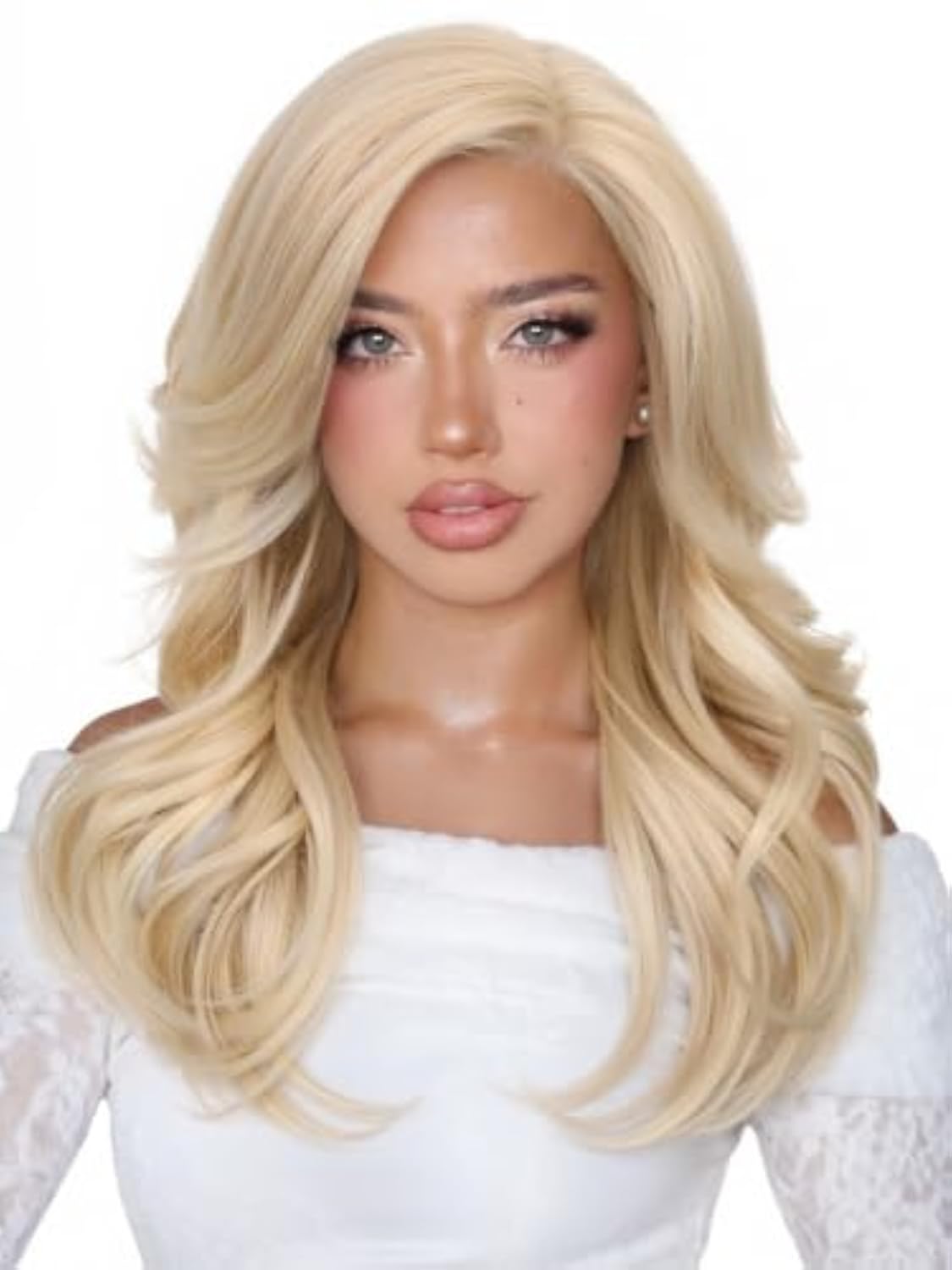 WIGHUB&SALON – Perruque Lace Front Body Wave 13x4 avec Frange – Cheveux Humains – blond (613) – 18 pouces