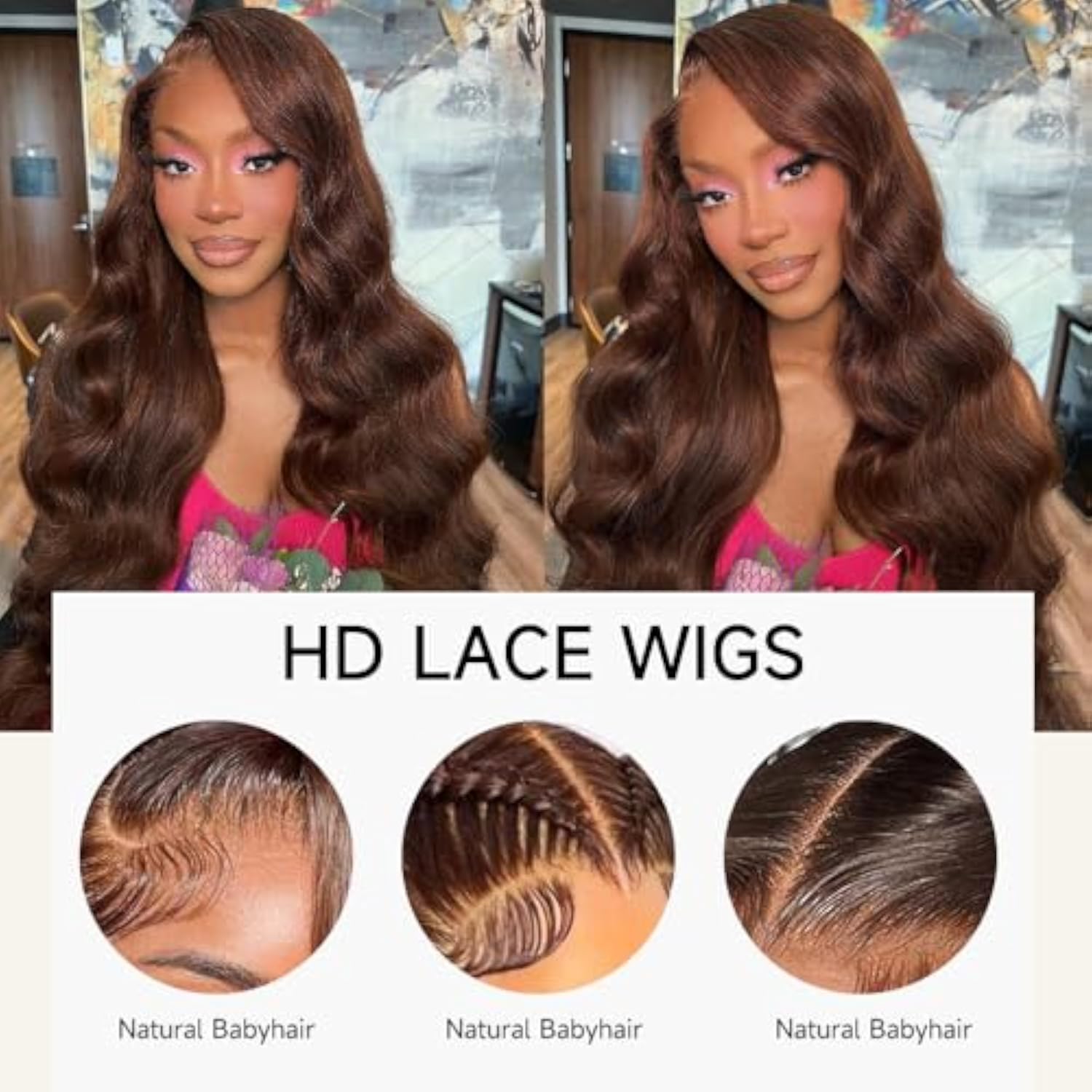 WIGHUB&SALON – Perruque Lace Front Body Wave 13x4 – Cheveux Humains – brun – 28 pouces - Image 2
