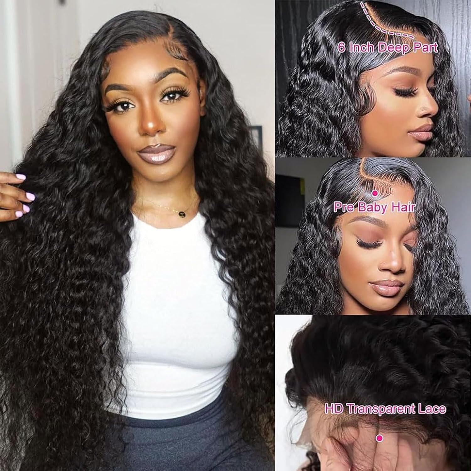 WIGHUB&SALON – Perruque Lace Front Deep Wave 13x6 sans Colle – 180 % de densité – Cheveux Humains – 32 pouces – Image 3