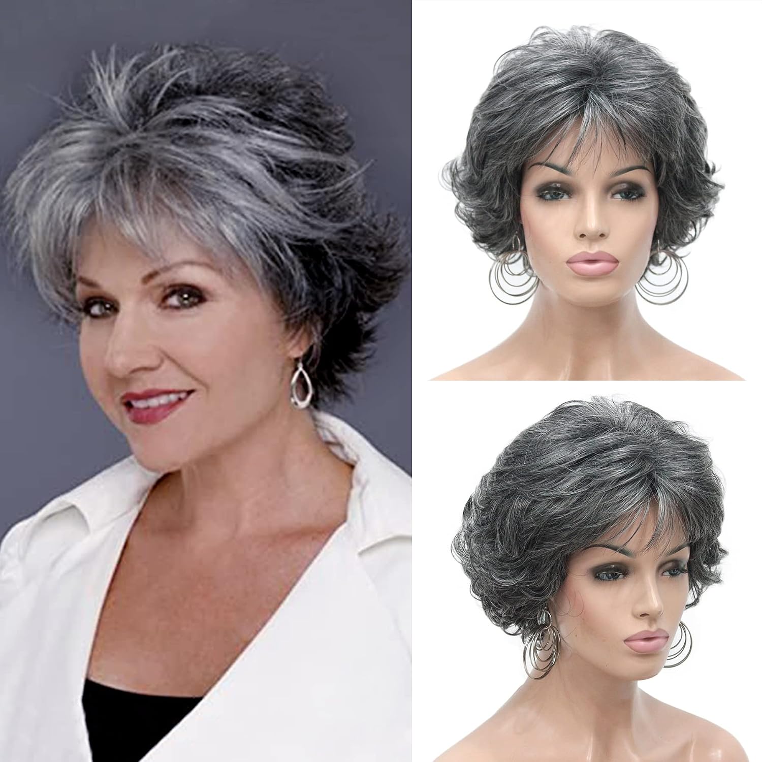Perruque Synthétique Lace Front Bouclé avec Frange – gris – Réf. WS-FWC4T5 – Image 2