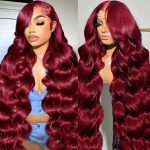 Perruque Lace Front Body Wave 13x6 – 250 % de densité – Cheveux Humains – bordeaux (99J) – 28 pouces