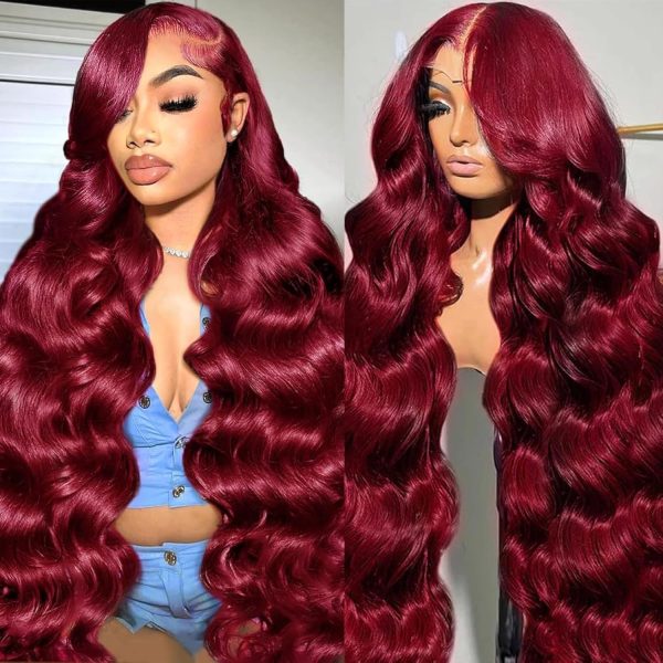 Perruque Lace Front Body Wave 13x6 – 250 % de densité – Cheveux Humains – bordeaux (99J) – 28 pouces