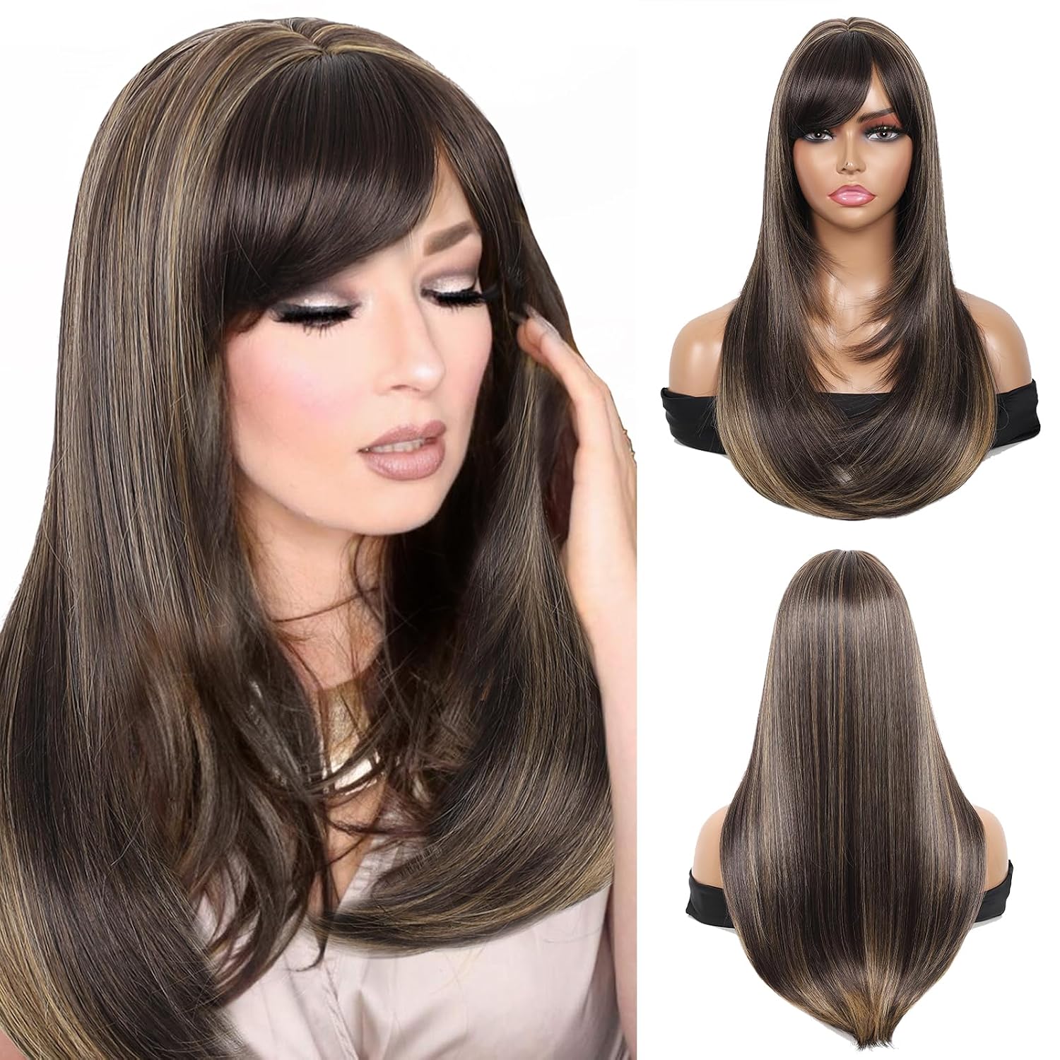 WIGHUB&SALON – Perruque Lace Front Yaki Raide 13x4 avec Frange – Cheveux Humains – balayage (4/27)