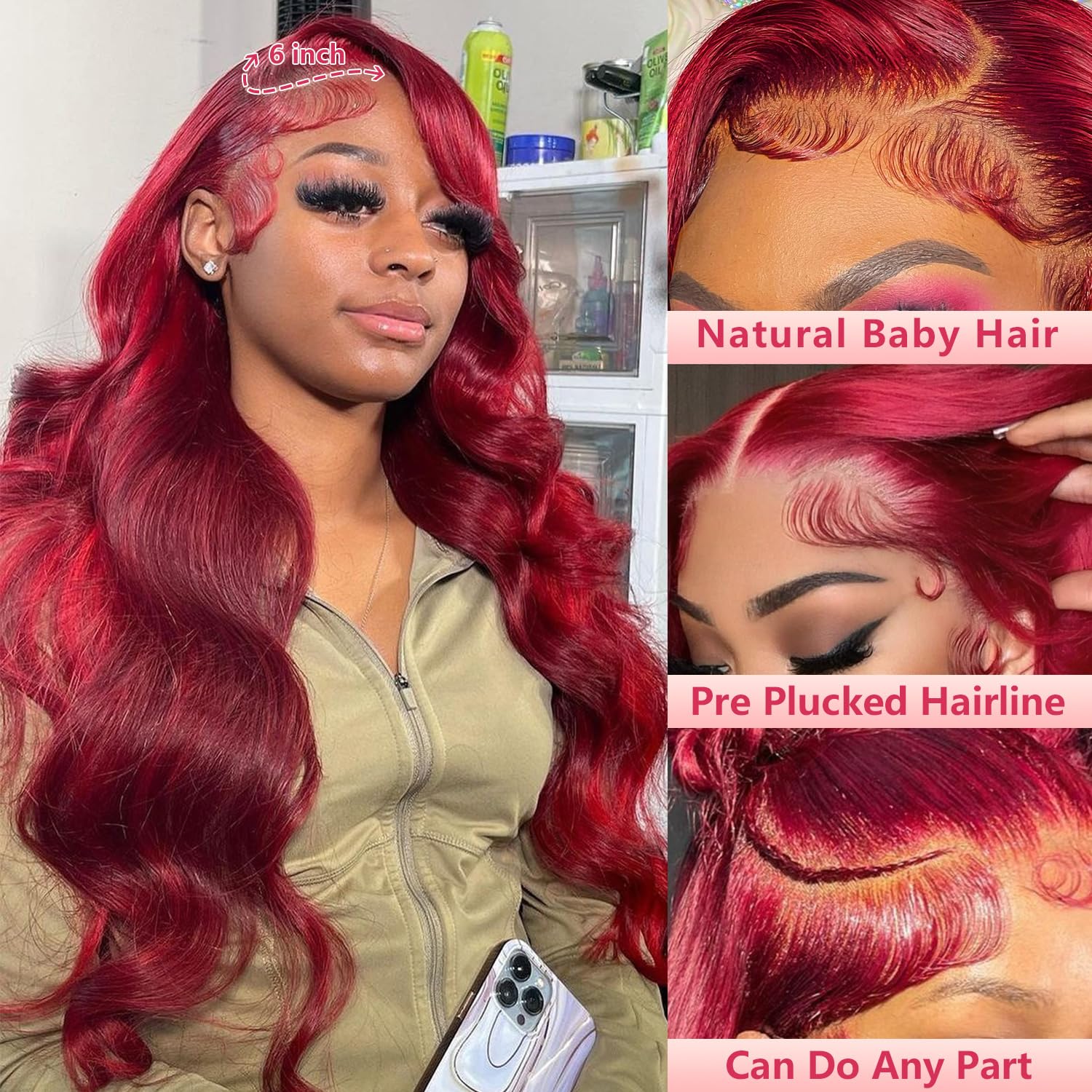 Perruque Lace Front Body Wave 13x6 – 180 % de densité – Cheveux Humains – bordeaux (99J) – 22 pouces – Image 3