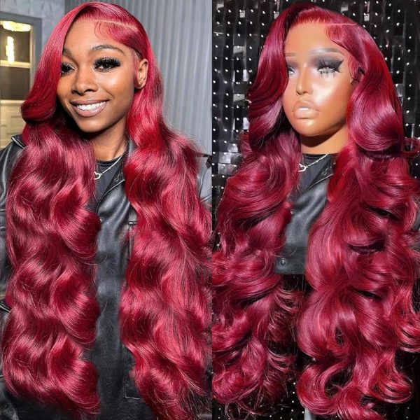 WIGHUB&SALON – Perruque Lace Front Body Wave 13x6 – 180 % de densité – Cheveux Humains – bordeaux (99J) – 28 pouces