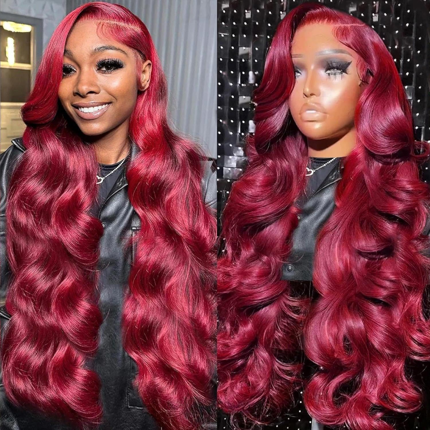WIGHUB&SALON – Perruque Lace Front Body Wave 13x6 – 180 % de densité – Cheveux Humains – bordeaux (99J) – 28 pouces