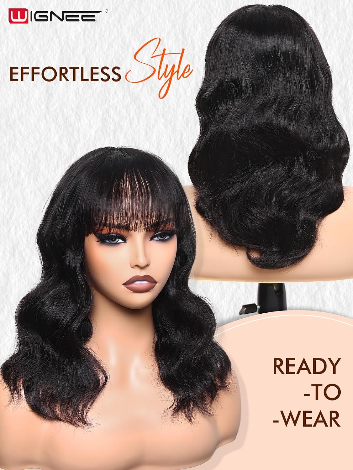 WIGHUB&SALON – Perruque Lace Front Ondulation Naturelle 13x4 avec Frange – Cheveux Humains – 14 pouces – Image 2