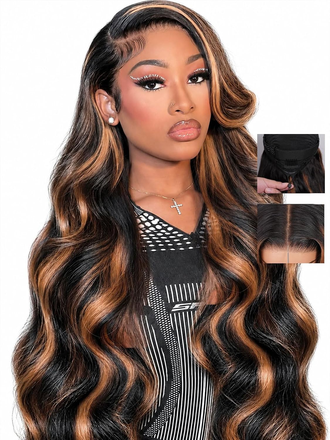 WIGHUB&SALON – Perruque Lace Front Body Wave 13x4 – Cheveux Humains – balayage (4/27) – 28 pouces